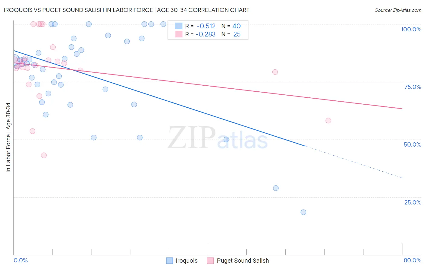 Iroquois vs Puget Sound Salish In Labor Force | Age 30-34