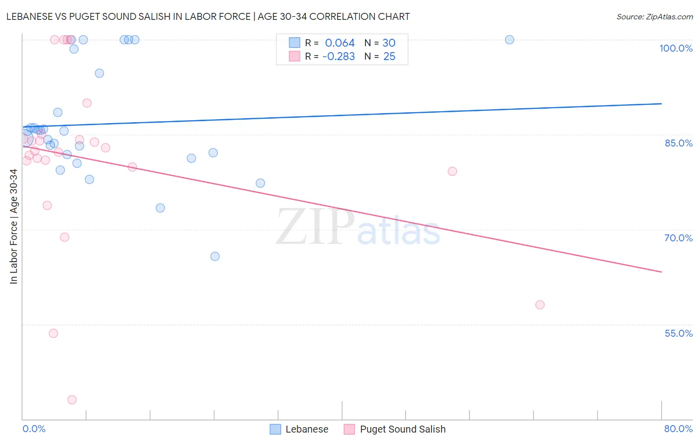 Lebanese vs Puget Sound Salish In Labor Force | Age 30-34