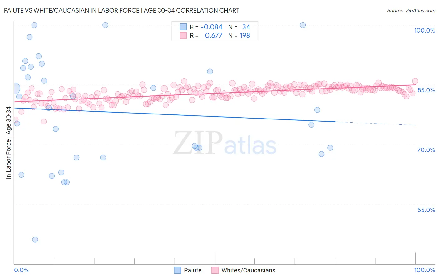 Paiute vs White/Caucasian In Labor Force | Age 30-34