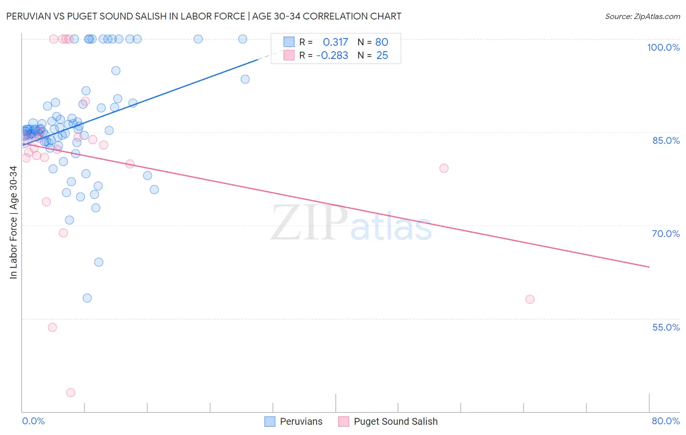 Peruvian vs Puget Sound Salish In Labor Force | Age 30-34