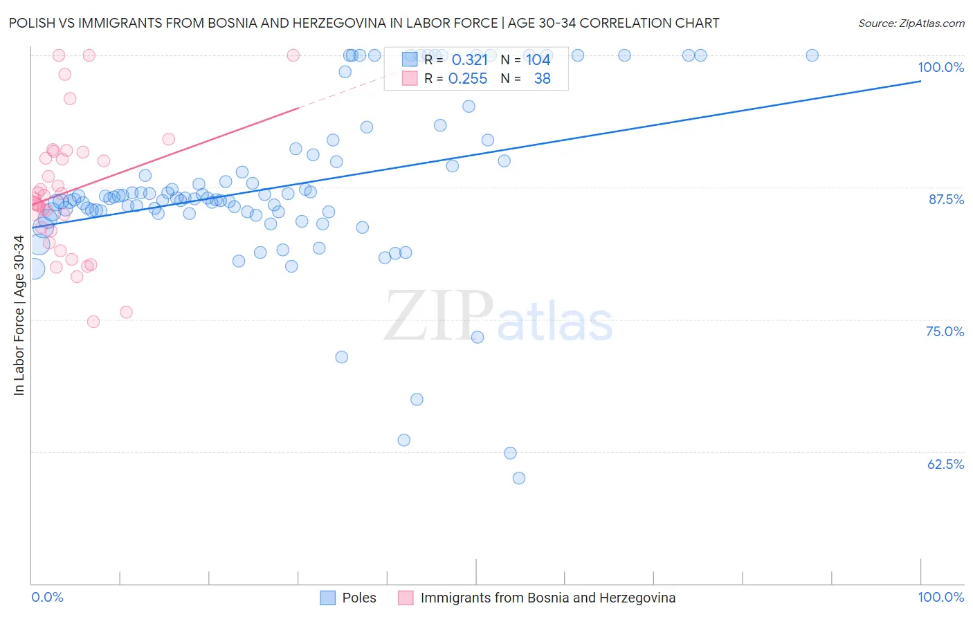 Polish vs Immigrants from Bosnia and Herzegovina In Labor Force | Age 30-34