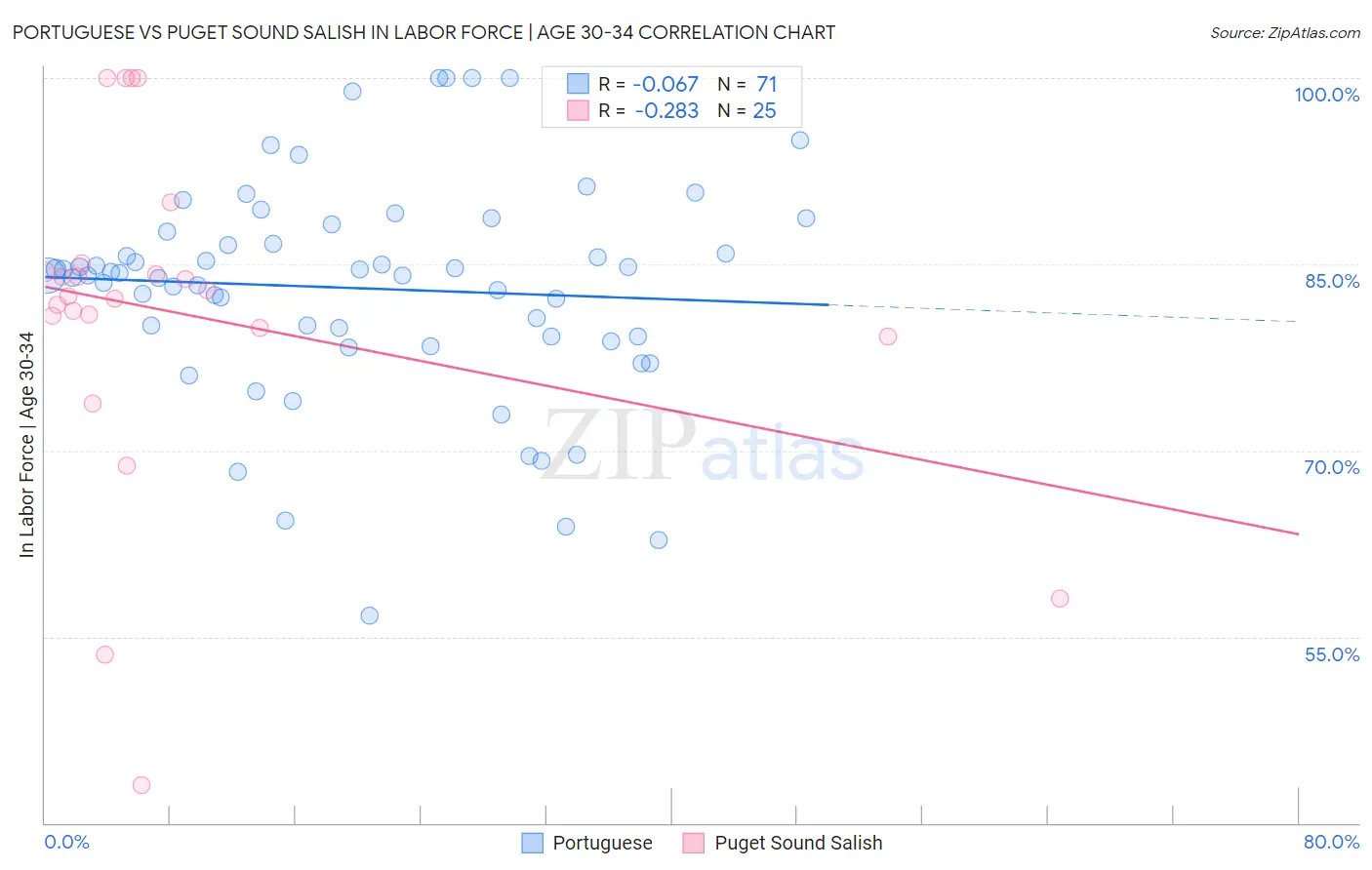 Portuguese vs Puget Sound Salish In Labor Force | Age 30-34