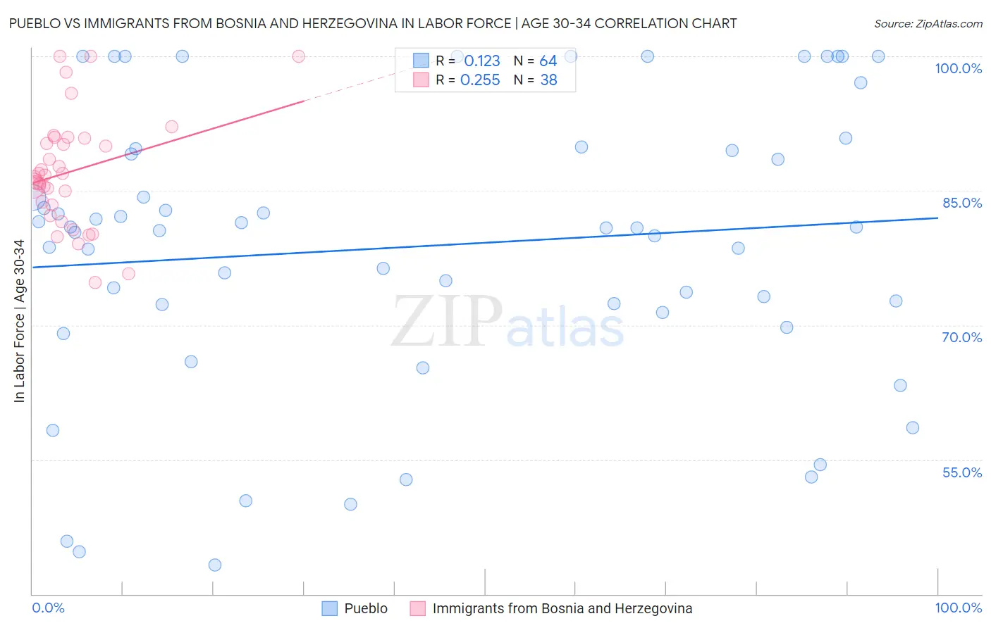 Pueblo vs Immigrants from Bosnia and Herzegovina In Labor Force | Age 30-34