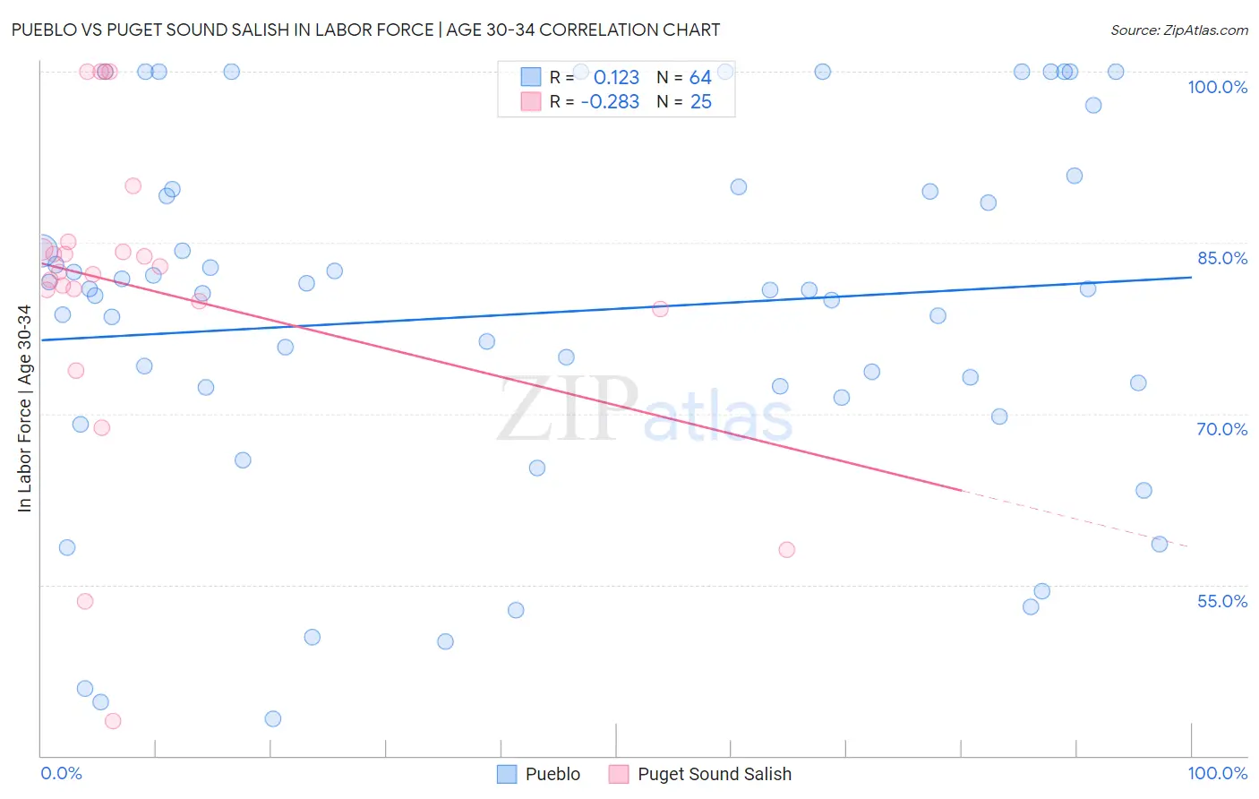 Pueblo vs Puget Sound Salish In Labor Force | Age 30-34