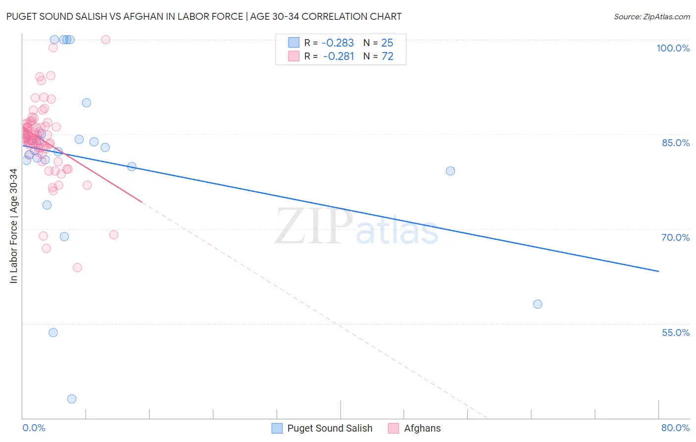 Puget Sound Salish vs Afghan In Labor Force | Age 30-34