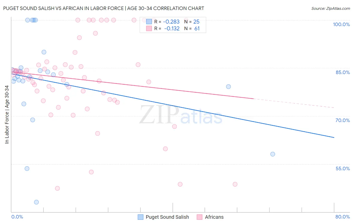 Puget Sound Salish vs African In Labor Force | Age 30-34