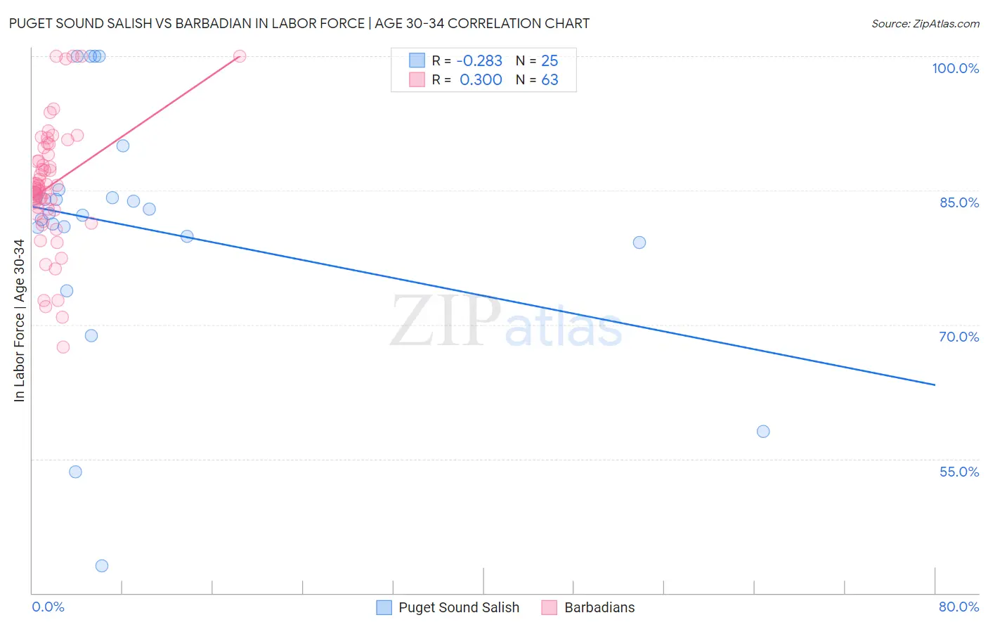 Puget Sound Salish vs Barbadian In Labor Force | Age 30-34