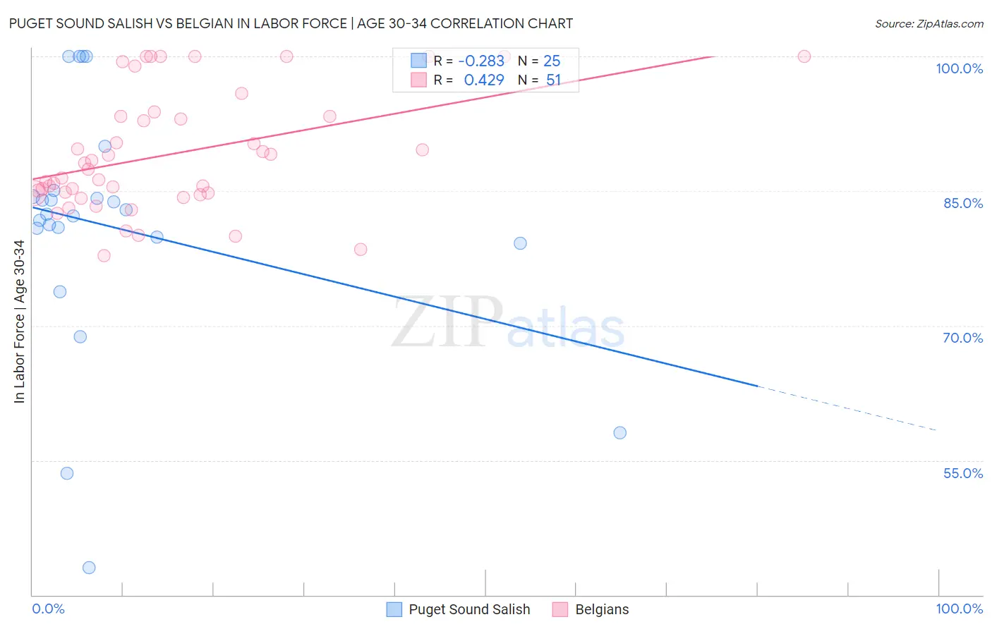 Puget Sound Salish vs Belgian In Labor Force | Age 30-34