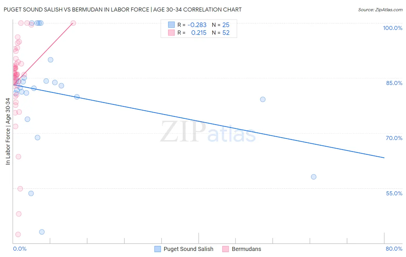 Puget Sound Salish vs Bermudan In Labor Force | Age 30-34