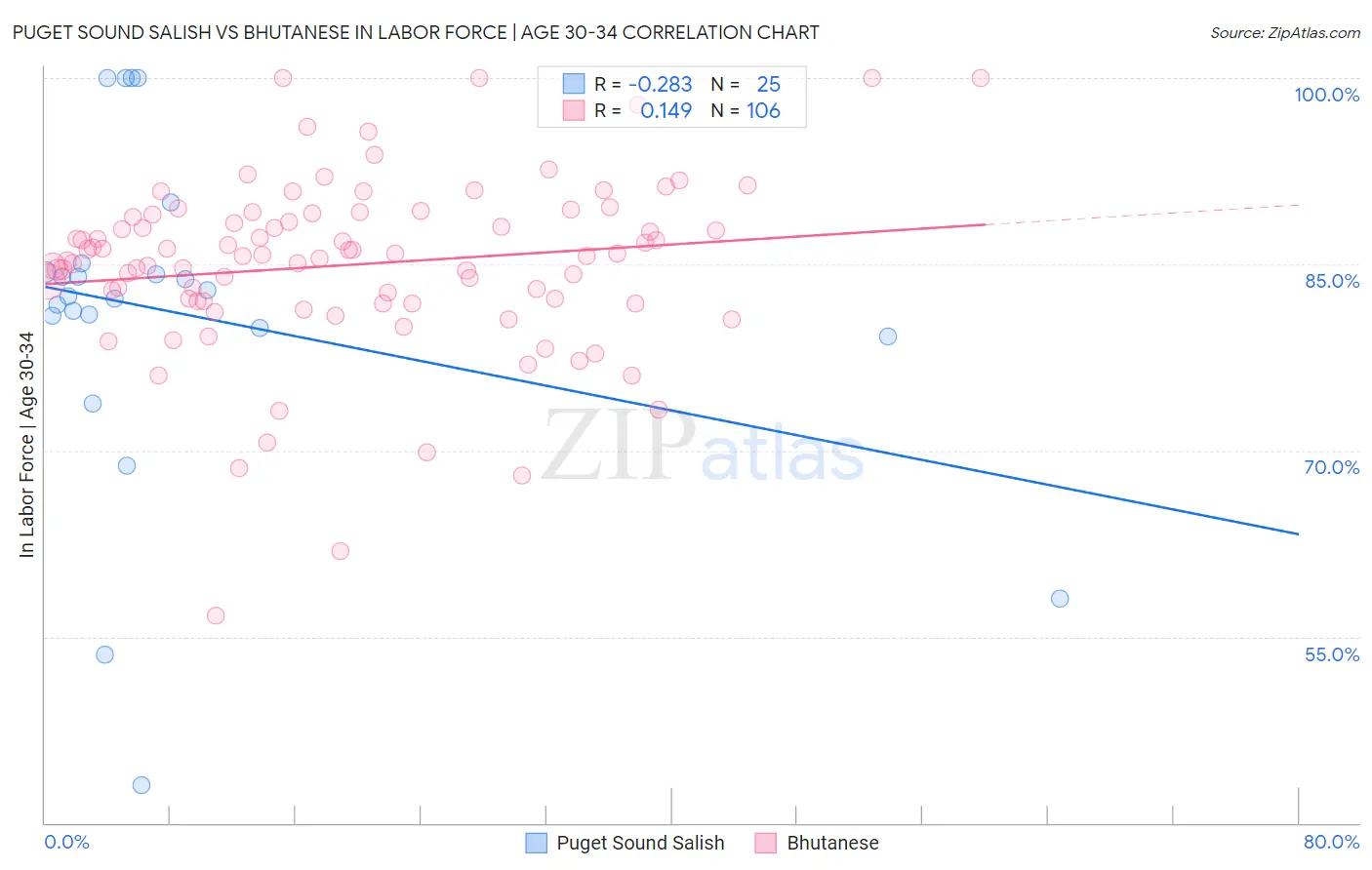 Puget Sound Salish vs Bhutanese In Labor Force | Age 30-34
