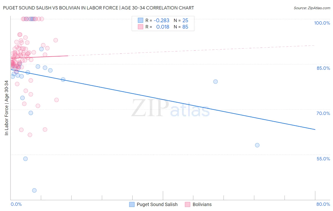 Puget Sound Salish vs Bolivian In Labor Force | Age 30-34