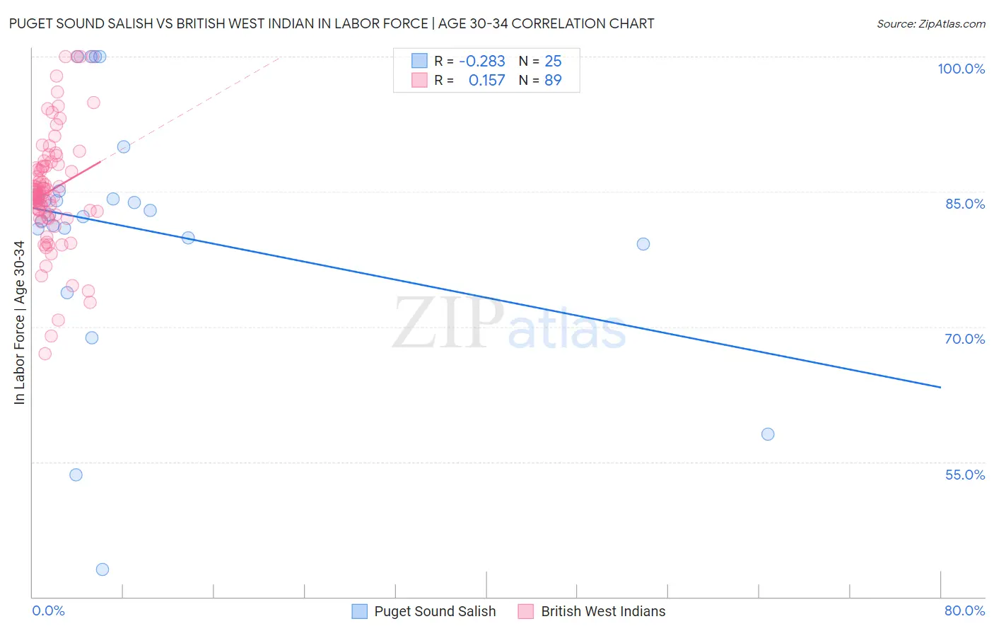 Puget Sound Salish vs British West Indian In Labor Force | Age 30-34