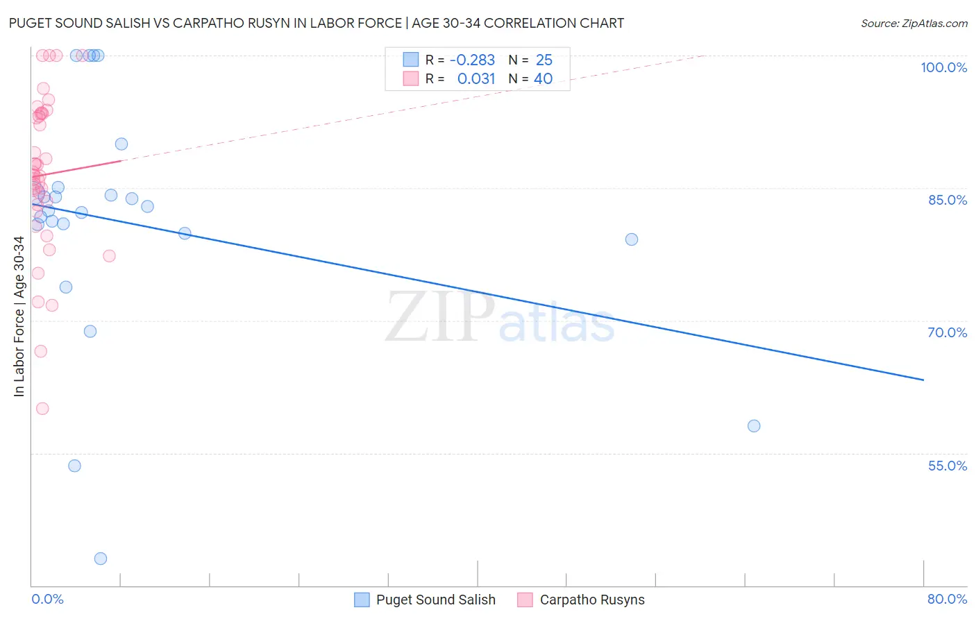 Puget Sound Salish vs Carpatho Rusyn In Labor Force | Age 30-34