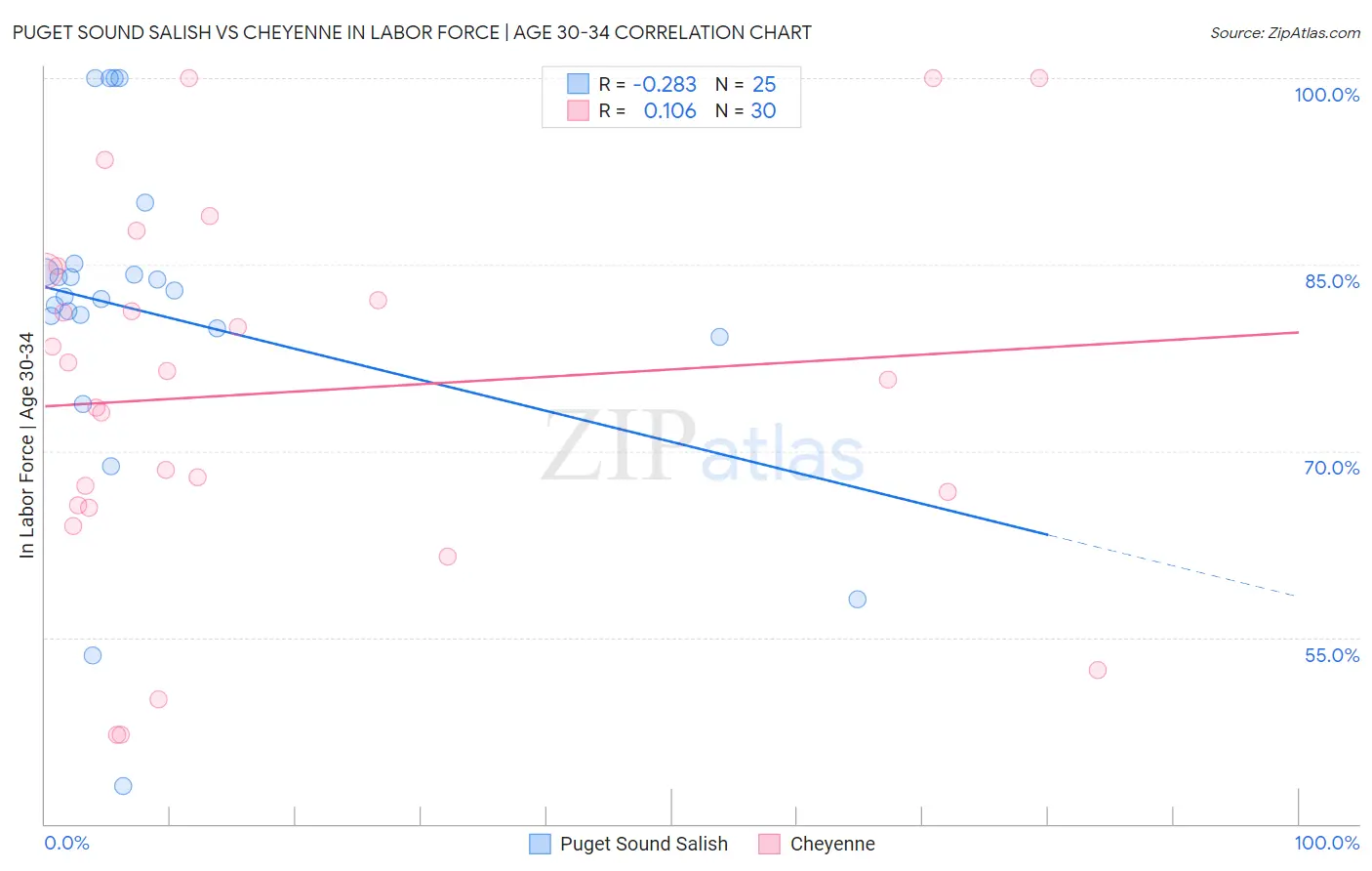 Puget Sound Salish vs Cheyenne In Labor Force | Age 30-34