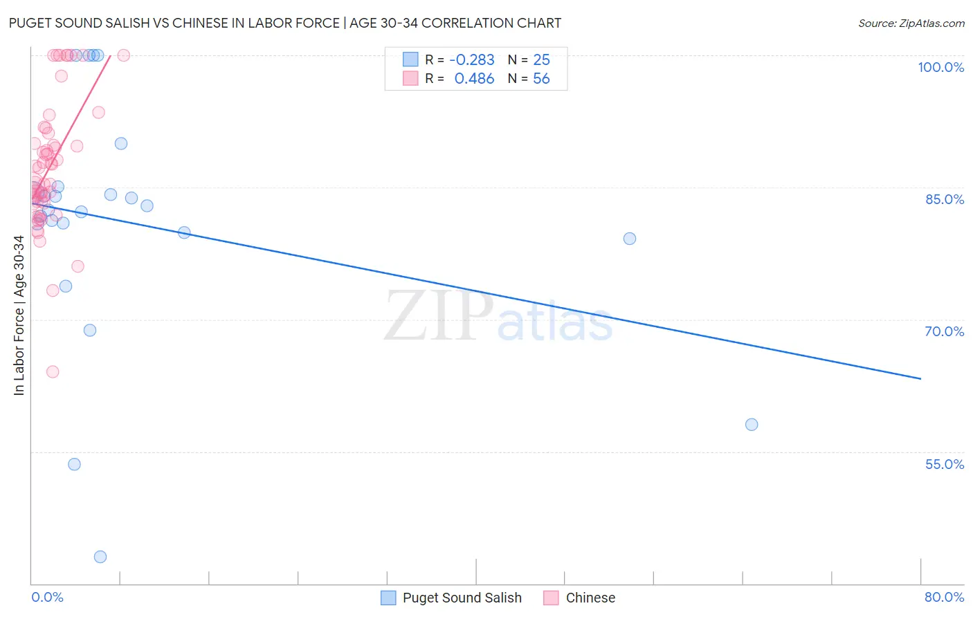 Puget Sound Salish vs Chinese In Labor Force | Age 30-34