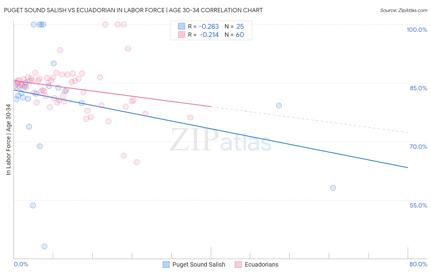 Puget Sound Salish vs Ecuadorian In Labor Force | Age 30-34