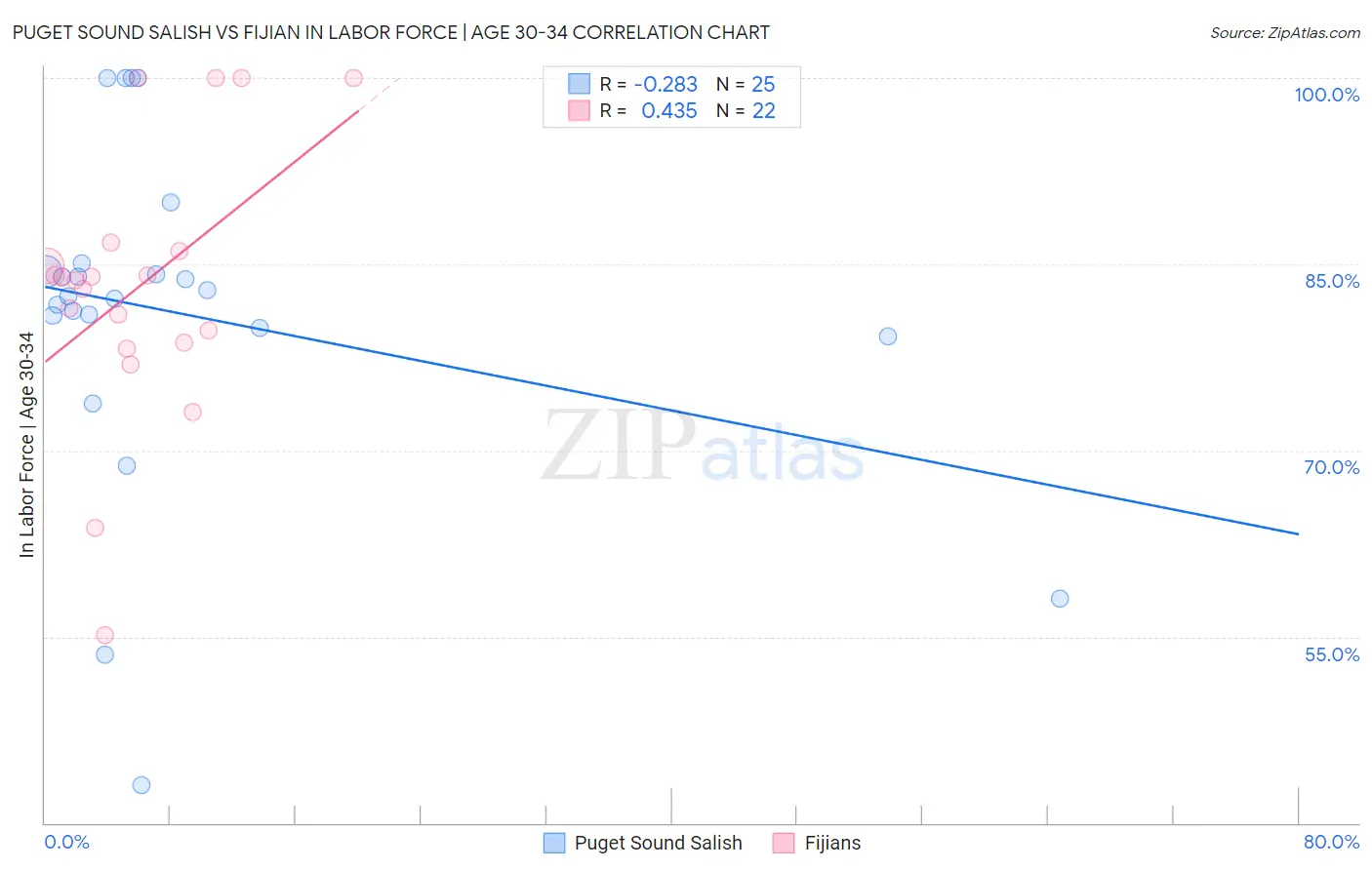 Puget Sound Salish vs Fijian In Labor Force | Age 30-34