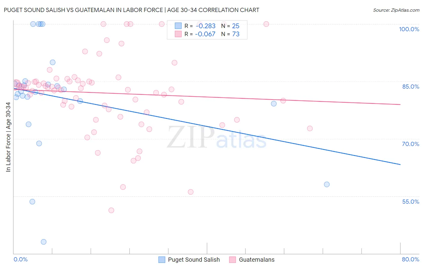 Puget Sound Salish vs Guatemalan In Labor Force | Age 30-34