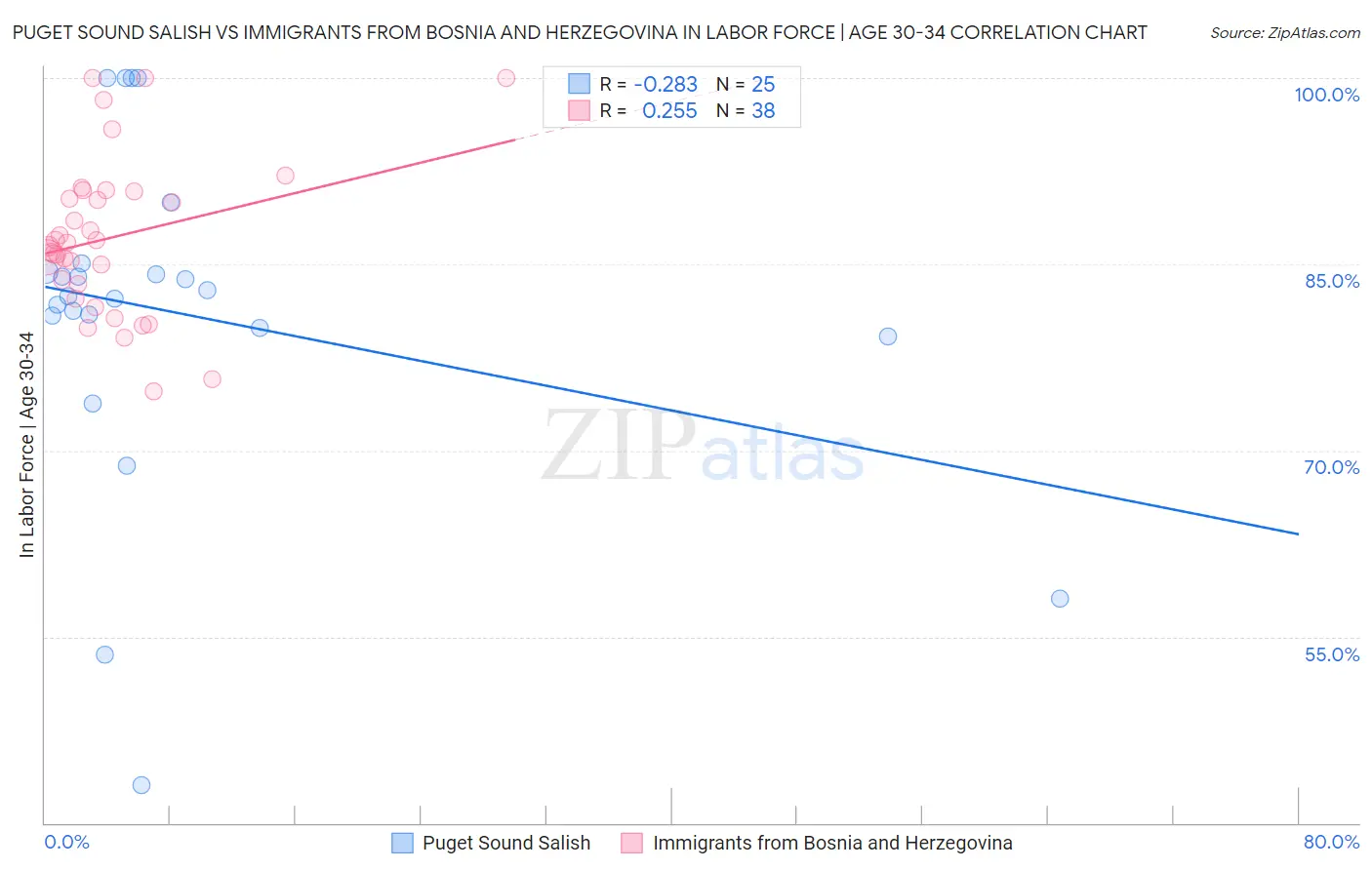 Puget Sound Salish vs Immigrants from Bosnia and Herzegovina In Labor Force | Age 30-34