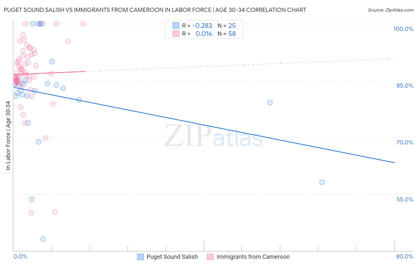 Puget Sound Salish vs Immigrants from Cameroon In Labor Force | Age 30-34
