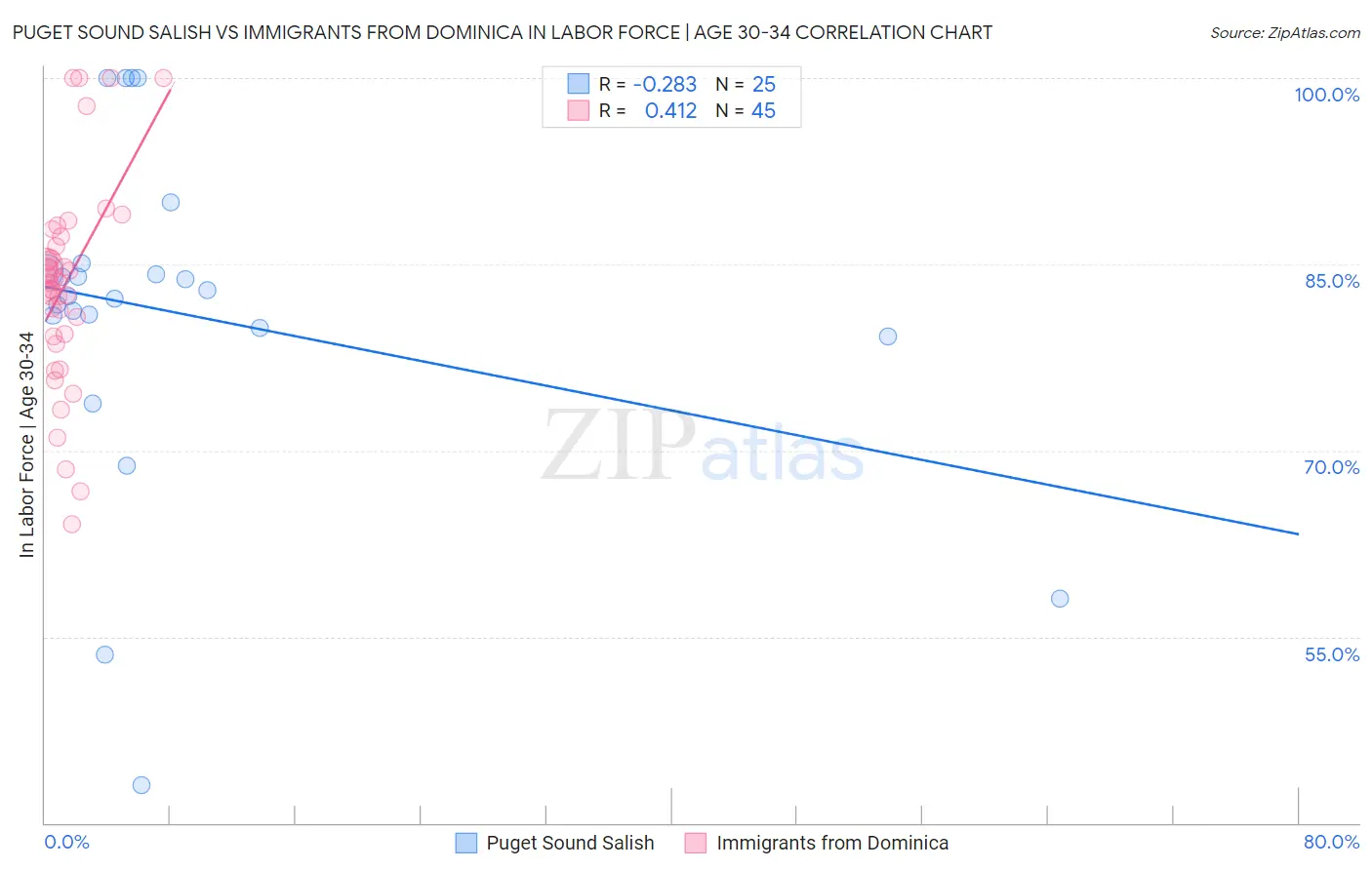 Puget Sound Salish vs Immigrants from Dominica In Labor Force | Age 30-34