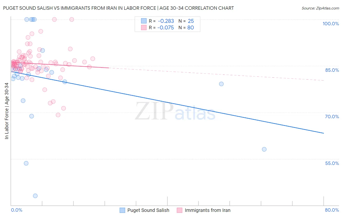 Puget Sound Salish vs Immigrants from Iran In Labor Force | Age 30-34