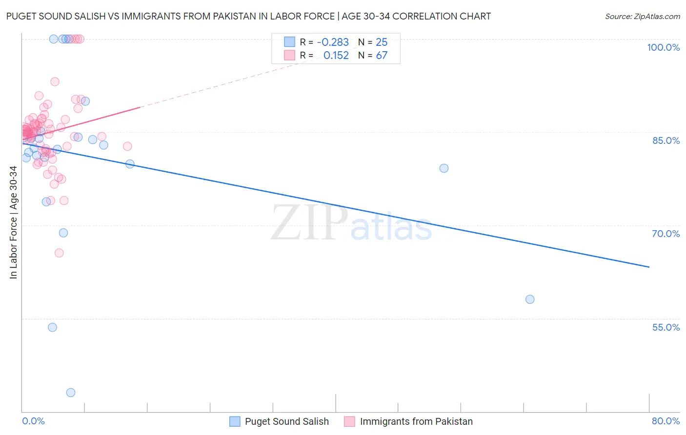 Puget Sound Salish vs Immigrants from Pakistan In Labor Force | Age 30-34