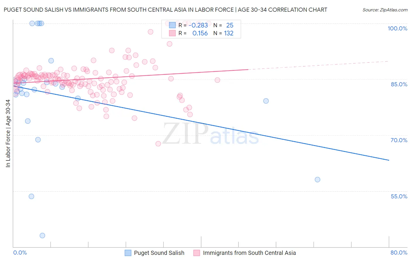 Puget Sound Salish vs Immigrants from South Central Asia In Labor Force | Age 30-34