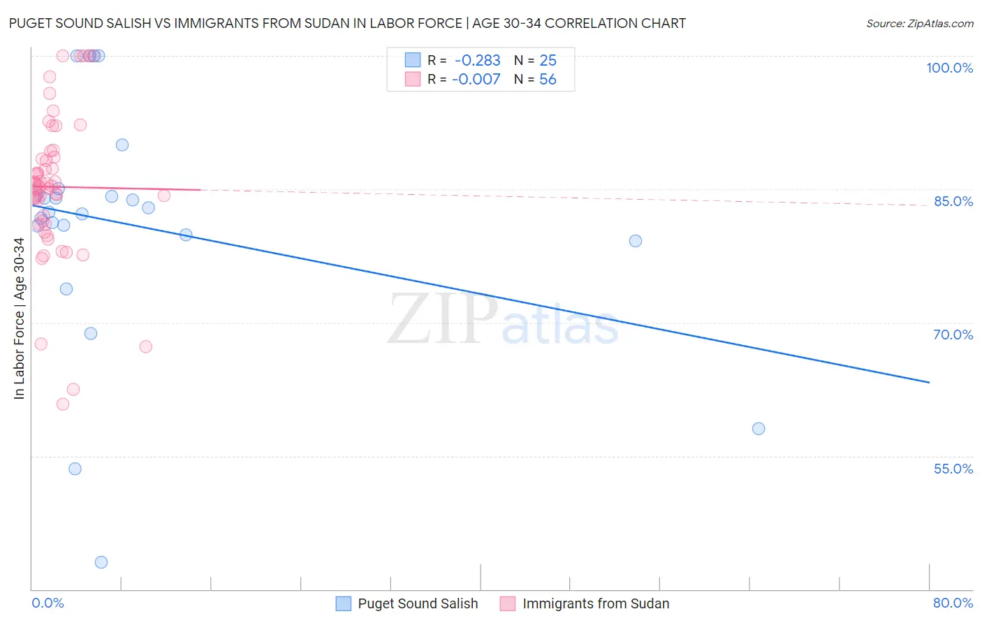 Puget Sound Salish vs Immigrants from Sudan In Labor Force | Age 30-34