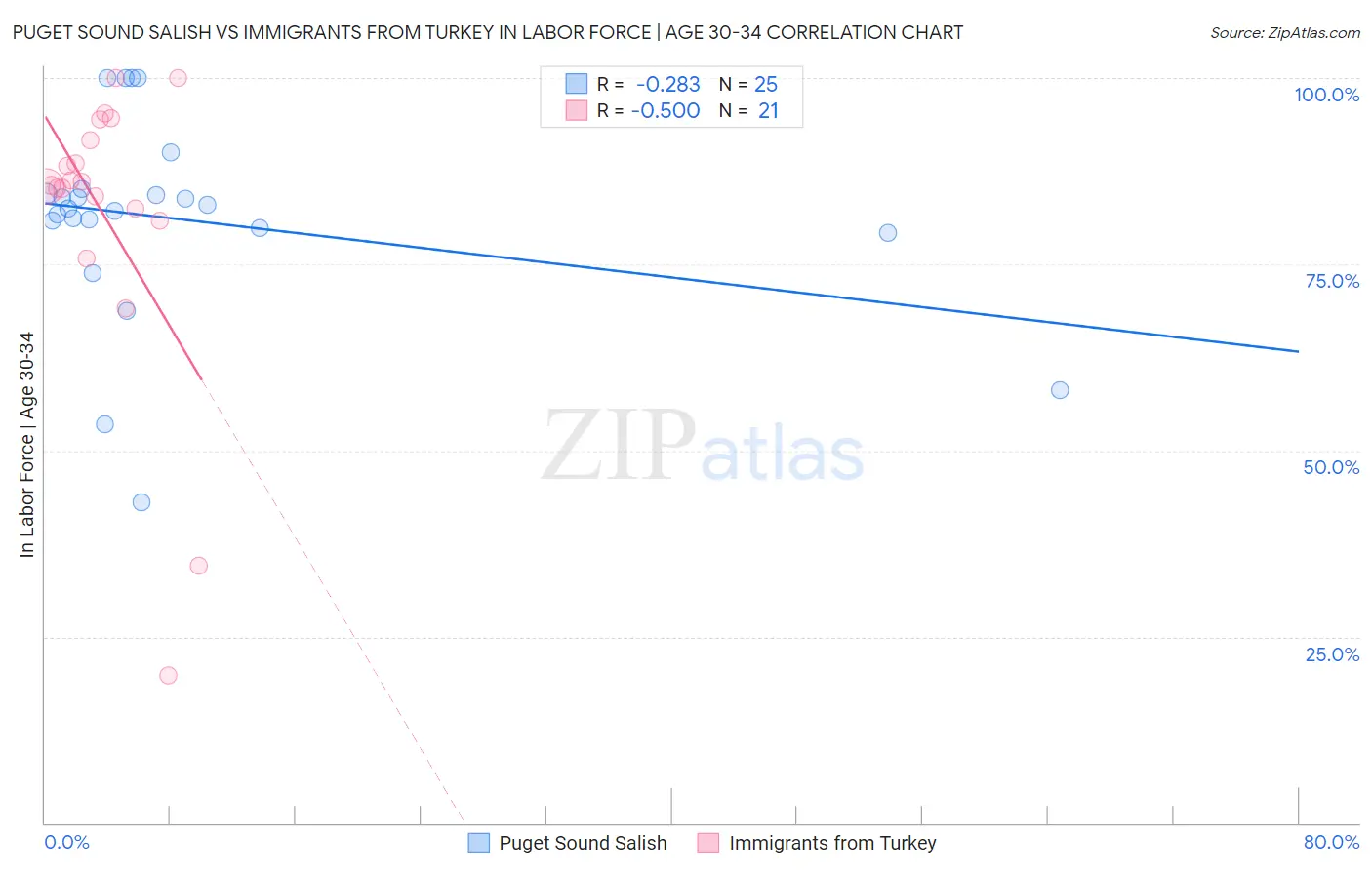Puget Sound Salish vs Immigrants from Turkey In Labor Force | Age 30-34