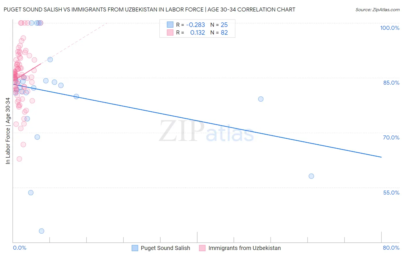 Puget Sound Salish vs Immigrants from Uzbekistan In Labor Force | Age 30-34