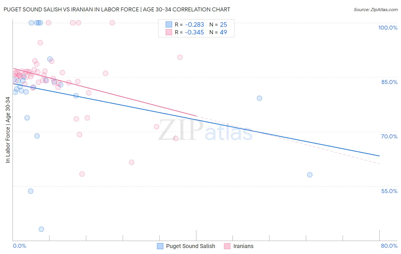 Puget Sound Salish vs Iranian In Labor Force | Age 30-34