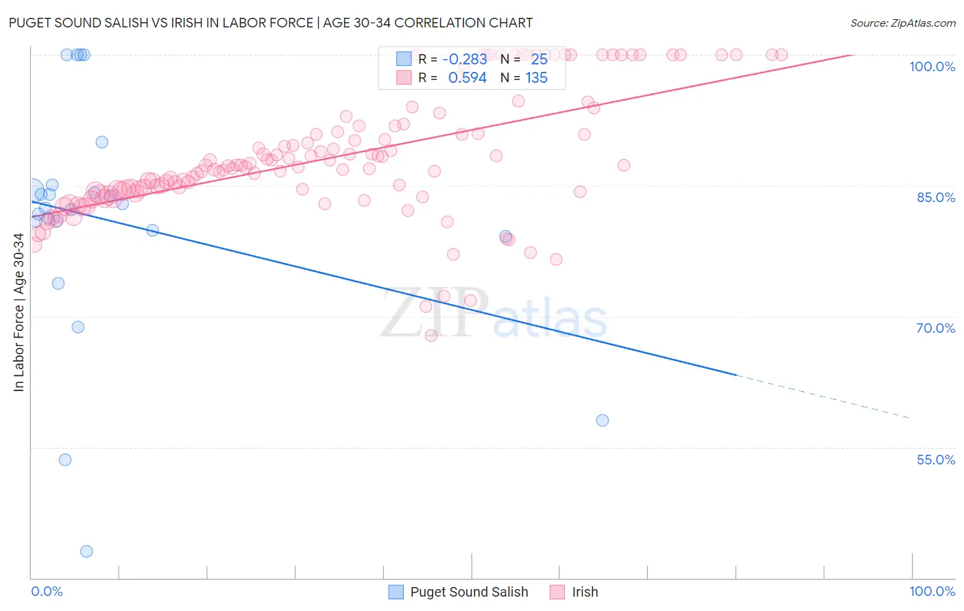 Puget Sound Salish vs Irish In Labor Force | Age 30-34