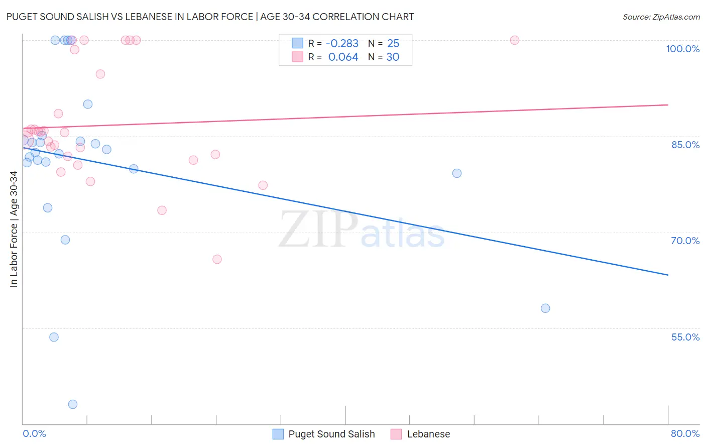 Puget Sound Salish vs Lebanese In Labor Force | Age 30-34