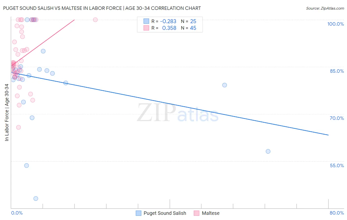 Puget Sound Salish vs Maltese In Labor Force | Age 30-34