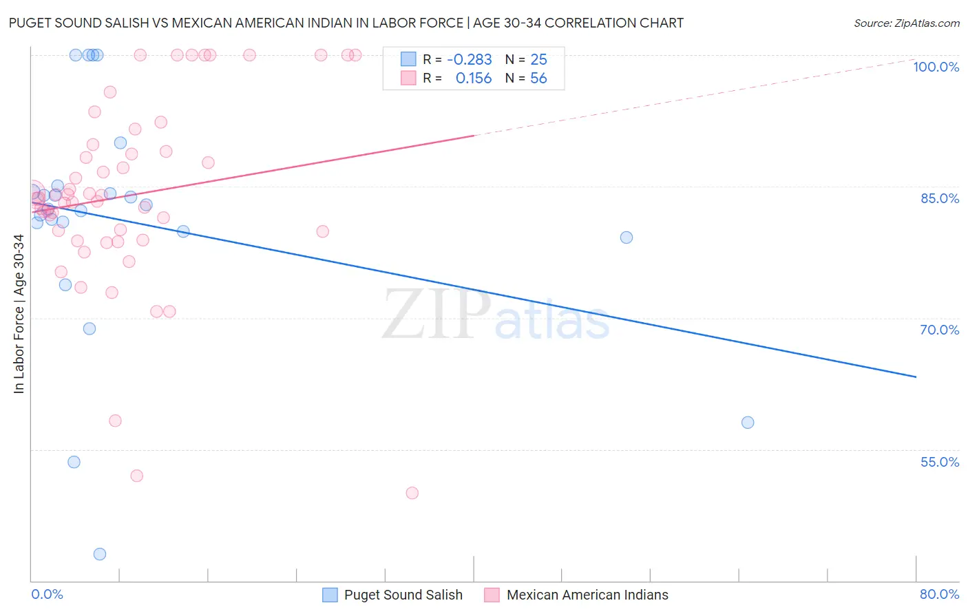 Puget Sound Salish vs Mexican American Indian In Labor Force | Age 30-34