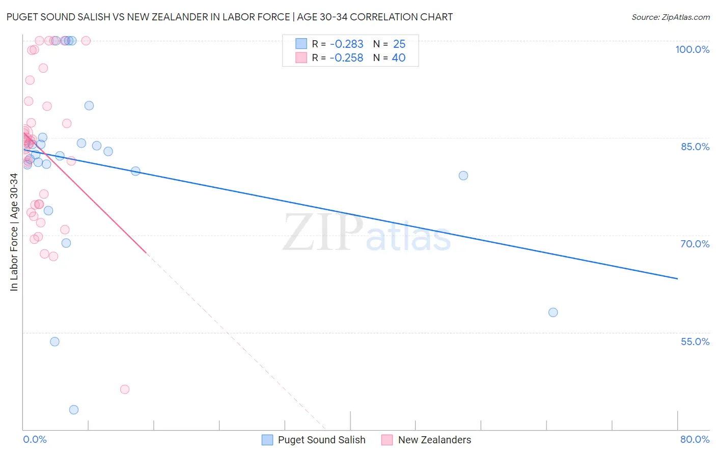 Puget Sound Salish vs New Zealander In Labor Force | Age 30-34
