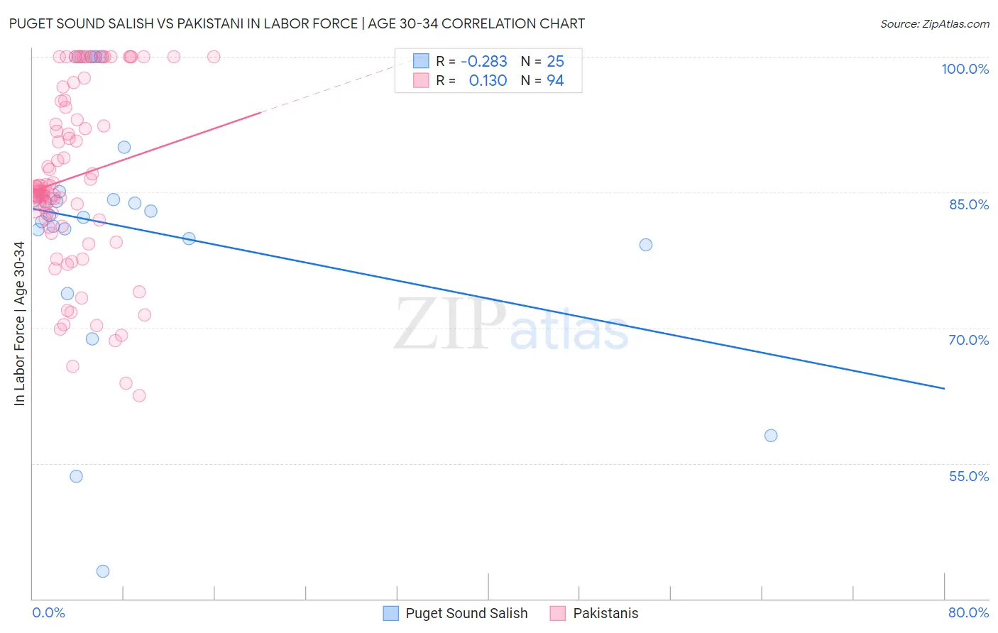 Puget Sound Salish vs Pakistani In Labor Force | Age 30-34
