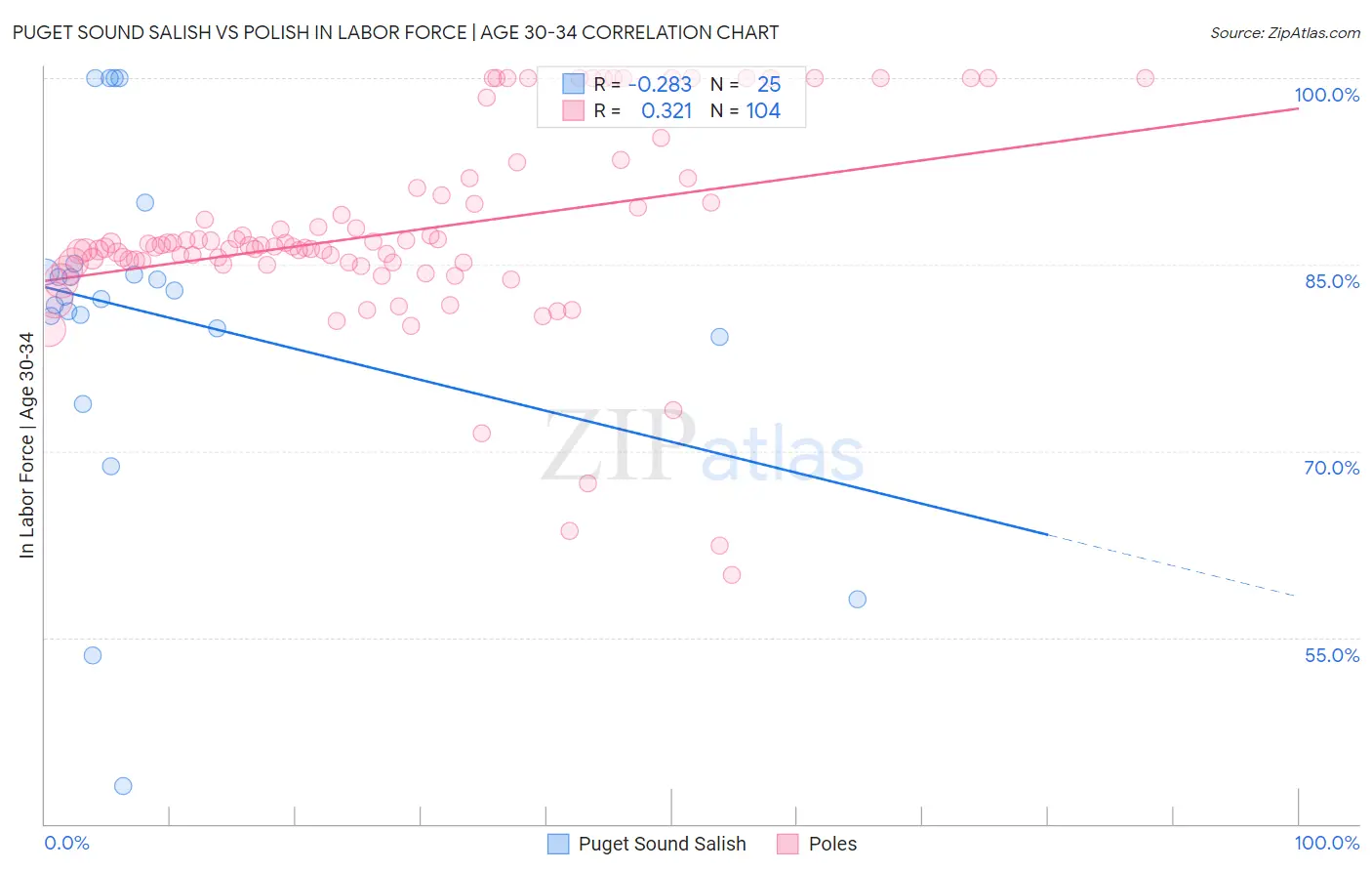 Puget Sound Salish vs Polish In Labor Force | Age 30-34