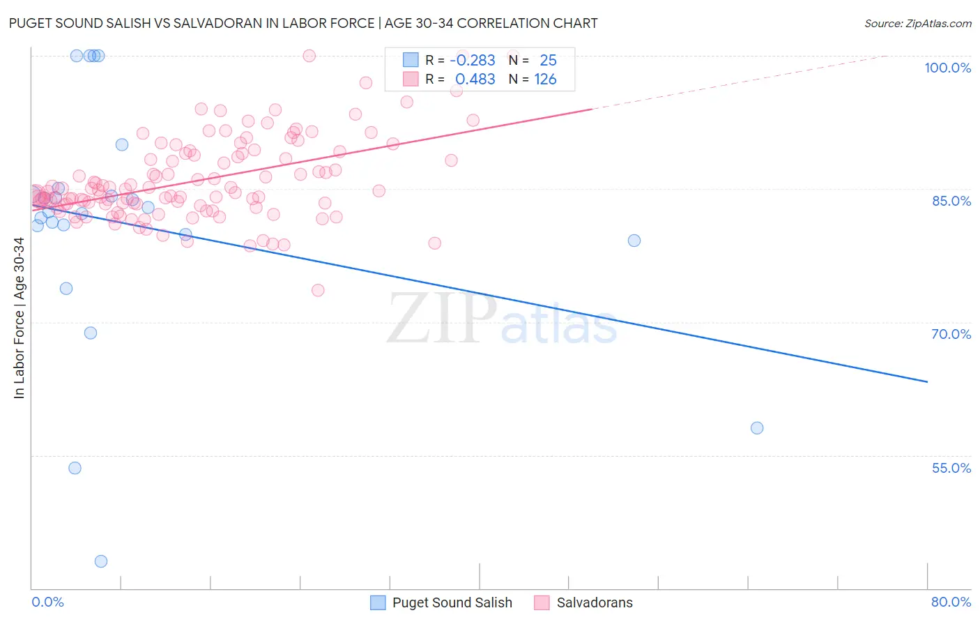 Puget Sound Salish vs Salvadoran In Labor Force | Age 30-34