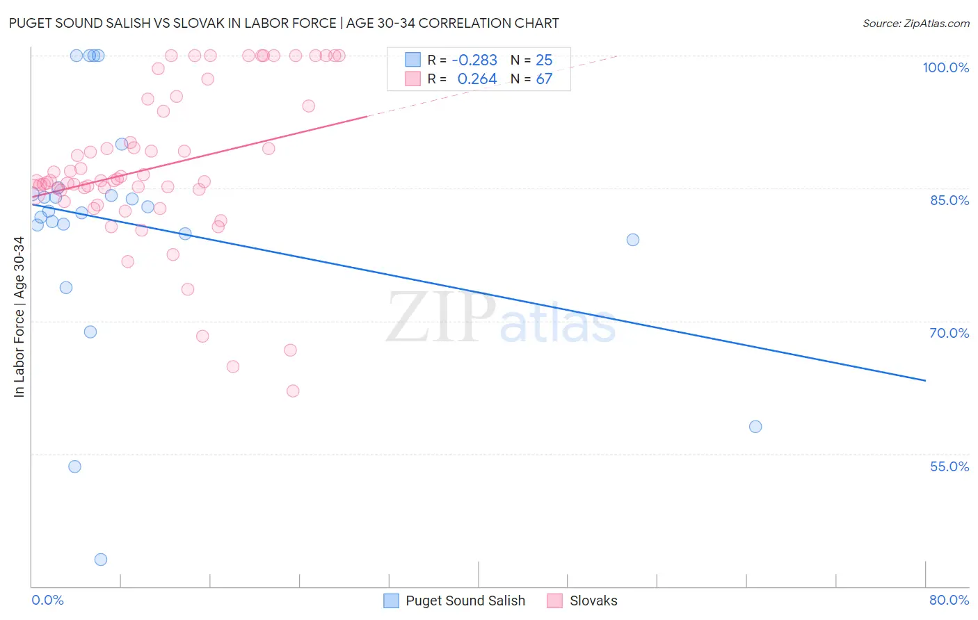 Puget Sound Salish vs Slovak In Labor Force | Age 30-34