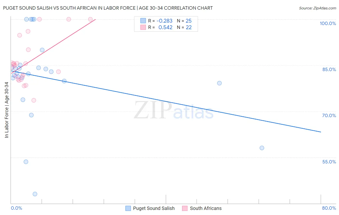 Puget Sound Salish vs South African In Labor Force | Age 30-34