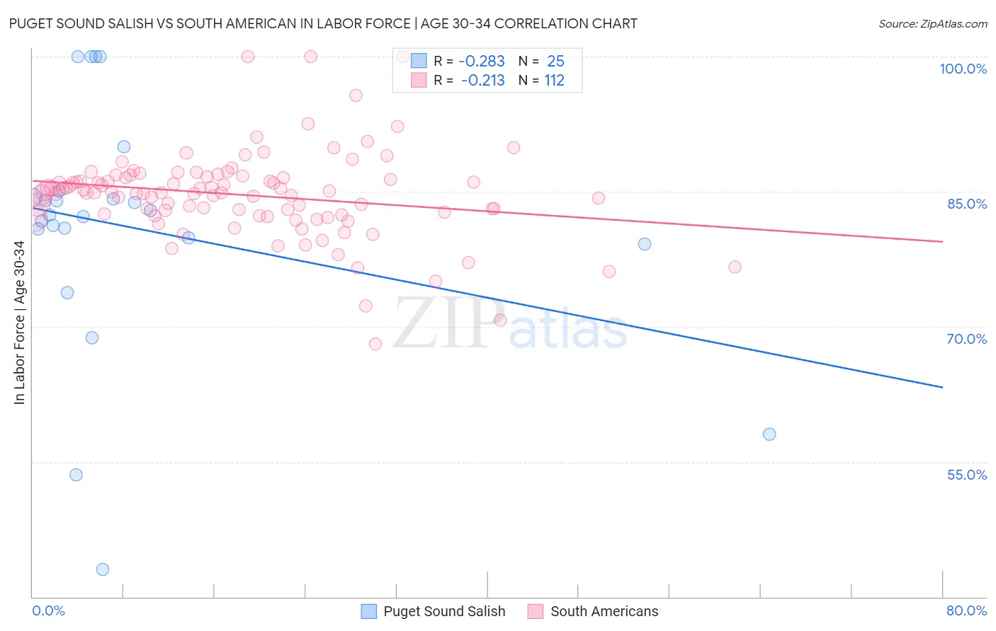 Puget Sound Salish vs South American In Labor Force | Age 30-34
