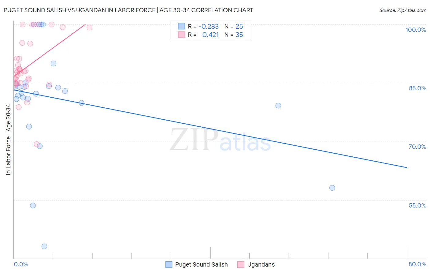 Puget Sound Salish vs Ugandan In Labor Force | Age 30-34