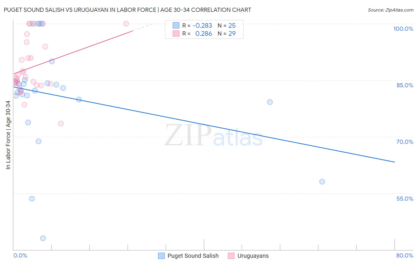 Puget Sound Salish vs Uruguayan In Labor Force | Age 30-34