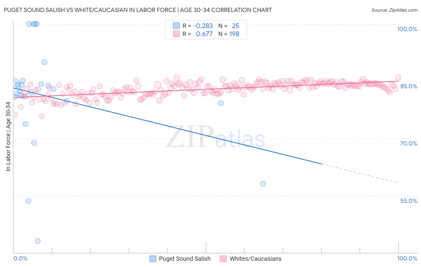Puget Sound Salish vs White/Caucasian In Labor Force | Age 30-34