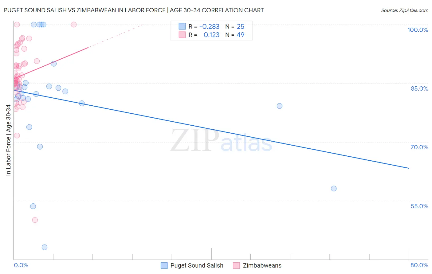 Puget Sound Salish vs Zimbabwean In Labor Force | Age 30-34