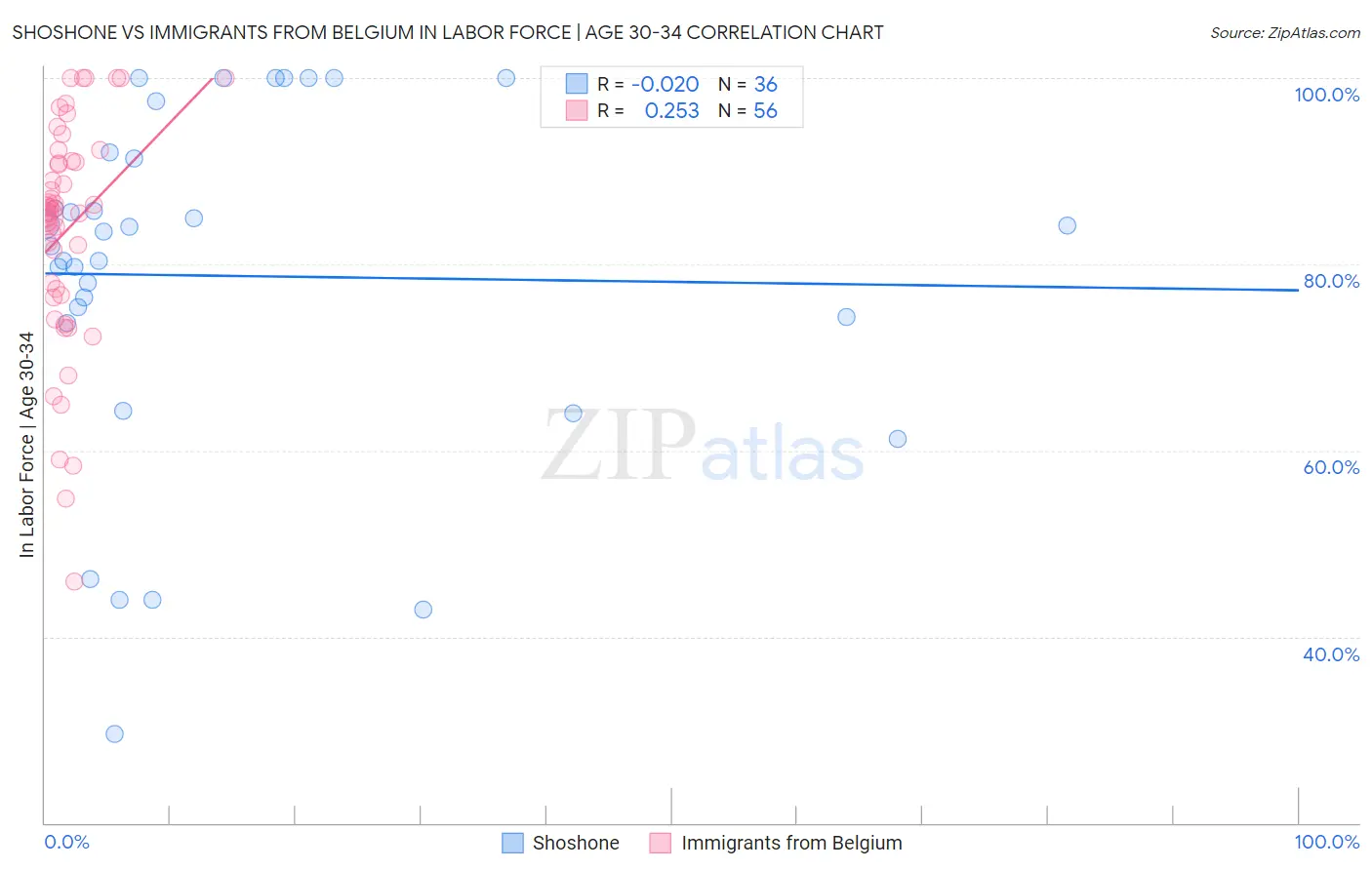 Shoshone vs Immigrants from Belgium In Labor Force | Age 30-34