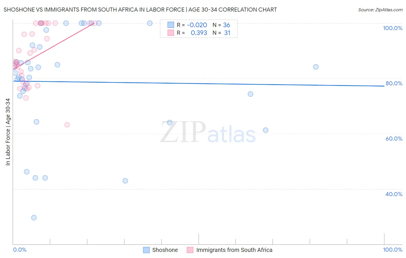 Shoshone vs Immigrants from South Africa In Labor Force | Age 30-34