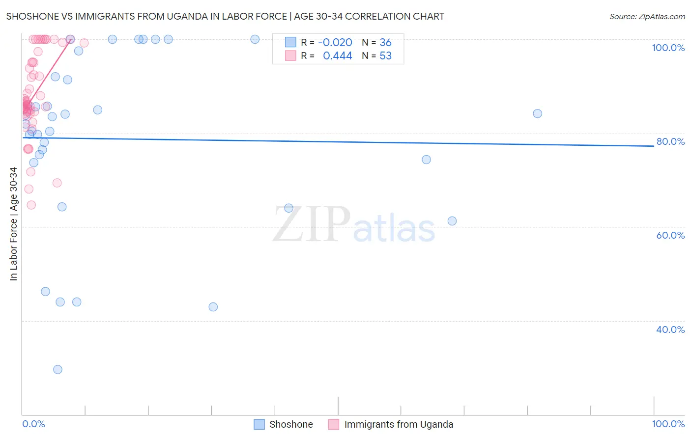Shoshone vs Immigrants from Uganda In Labor Force | Age 30-34